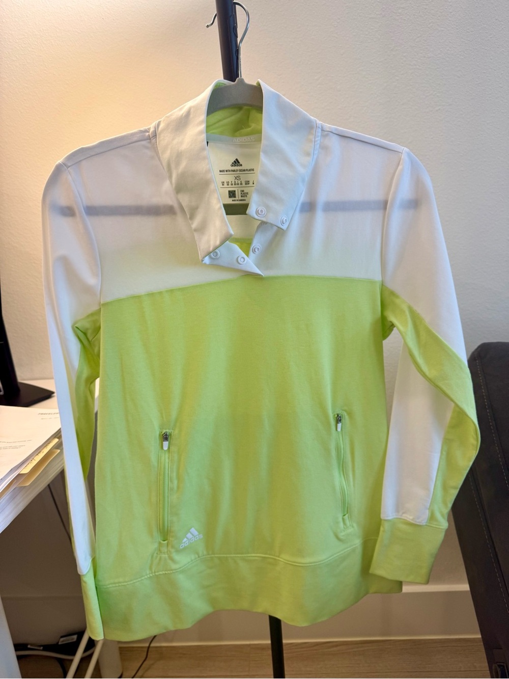 adidas White and Lime Green Snap-Collar Pullover